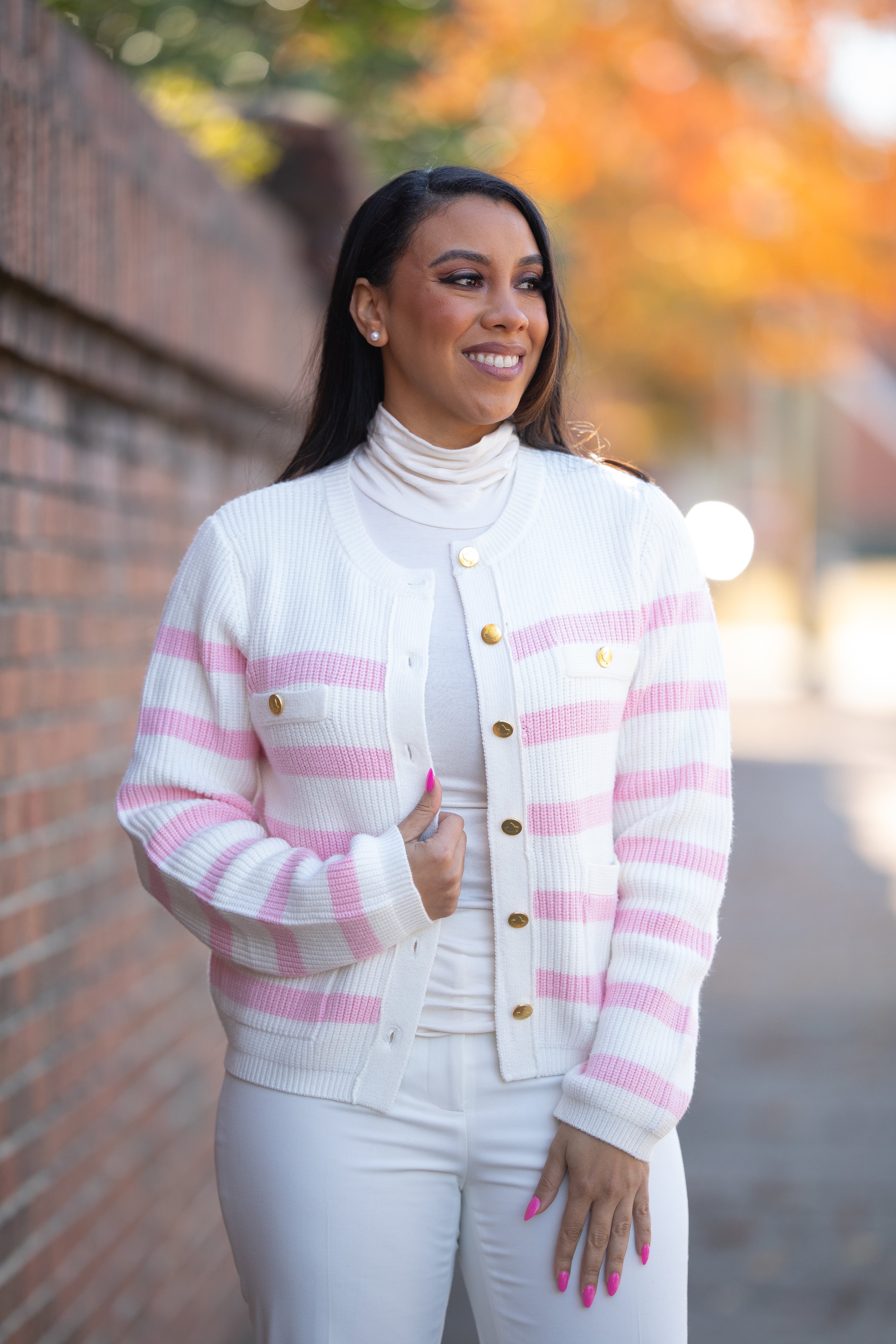 AKA Pink and White Striped Cardigan