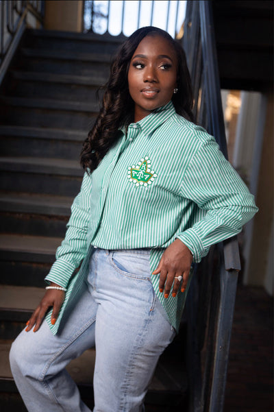 Green and White Striped Button Down