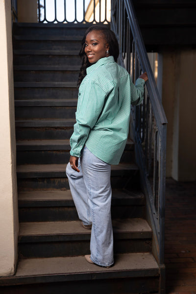 Green and White Striped Button Down