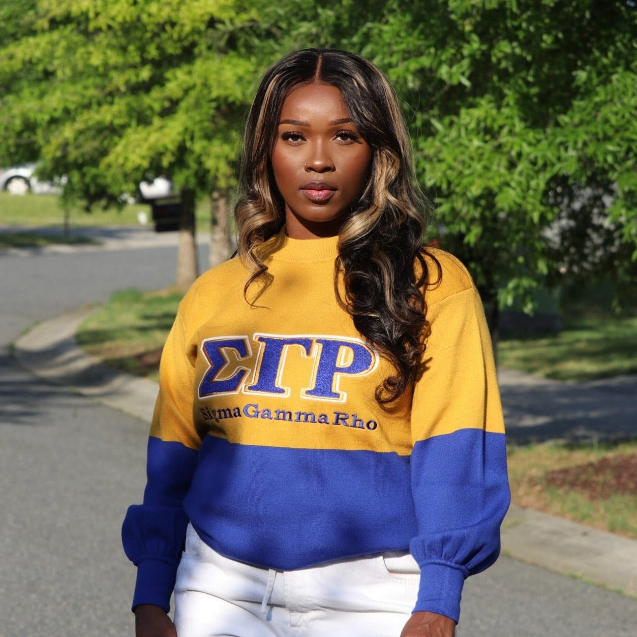 SGRHO Blue and Gold Color Block Sweater – Fashionably Greek