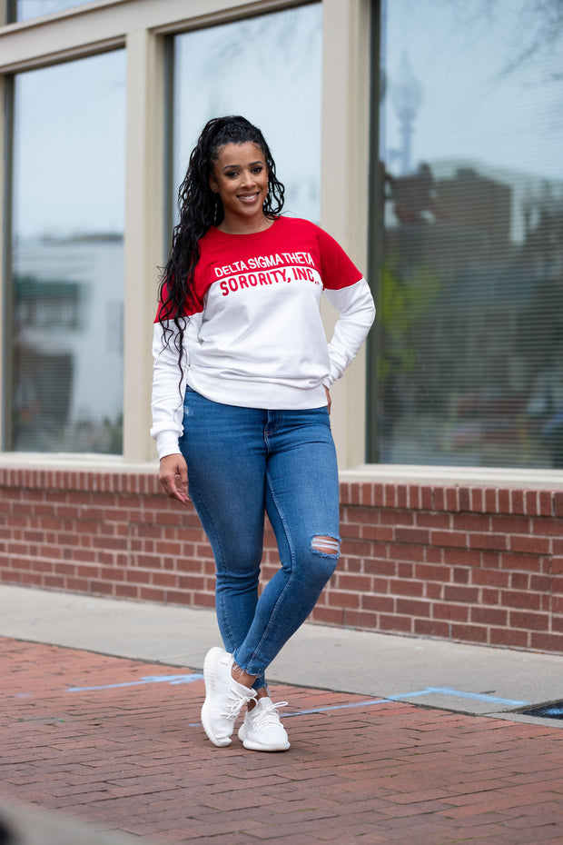 White and Red Vintage Color Block Sweatshirt