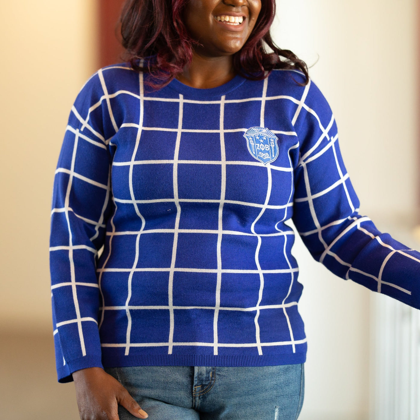 Royal Blue and White Checkered Sweater